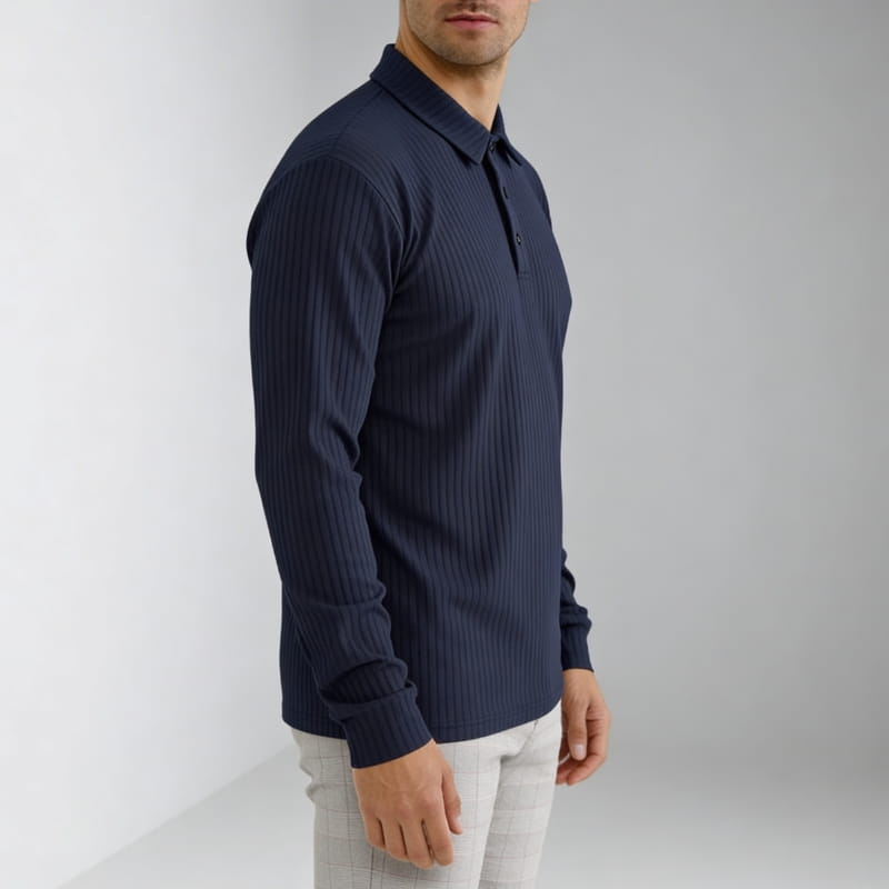 Maxwell Men's Knit Polo Shirt | Ribbed Texture, Long Sleeve-Polo Shirts-Consuave