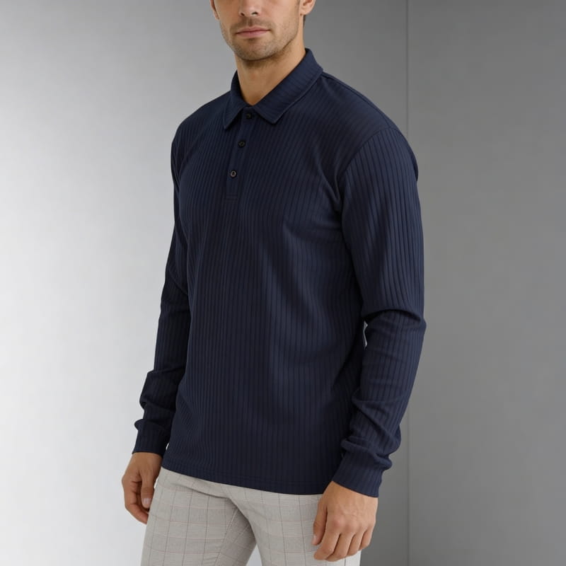 Maxwell Men's Knit Polo Shirt | Ribbed Texture, Long Sleeve-Polo Shirts-Consuave