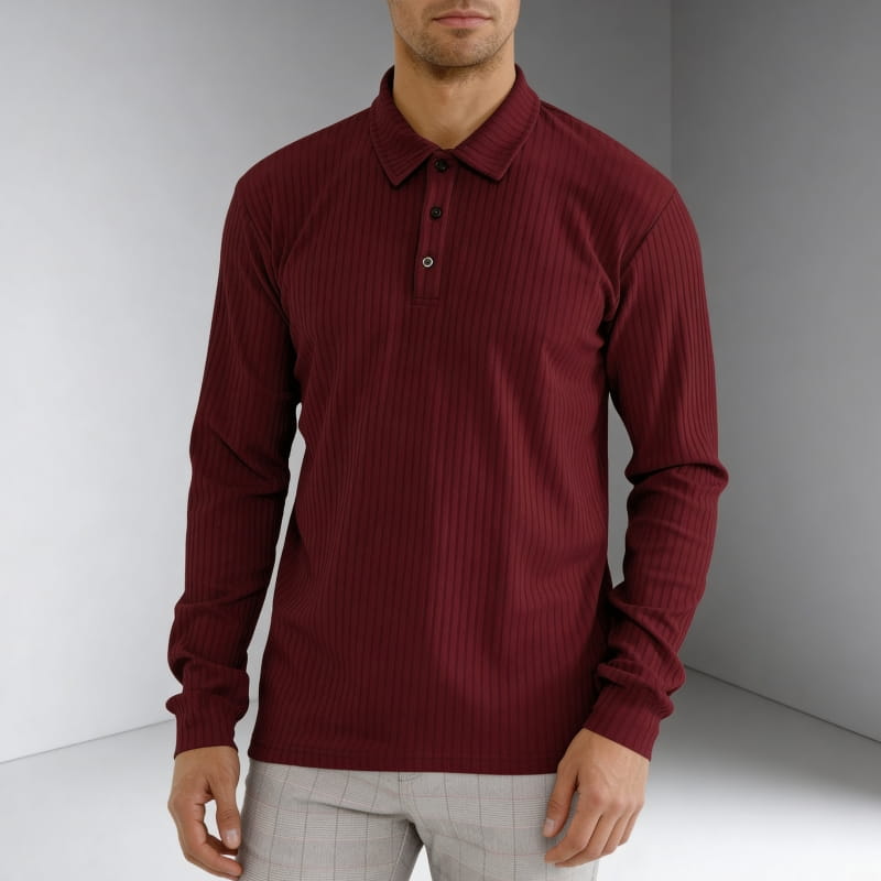 Maxwell Men's Knit Polo Shirt | Ribbed Texture, Long Sleeve-Polo Shirts-Consuave