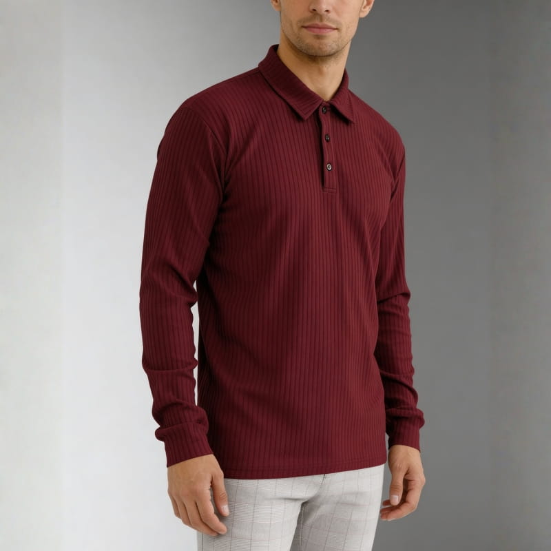 Maxwell Men's Knit Polo Shirt | Ribbed Texture, Long Sleeve-Polo Shirts-Consuave