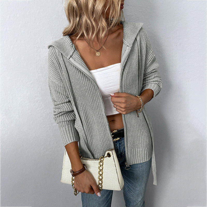 Hooded Zipper Cardigan Sweater with Pockets