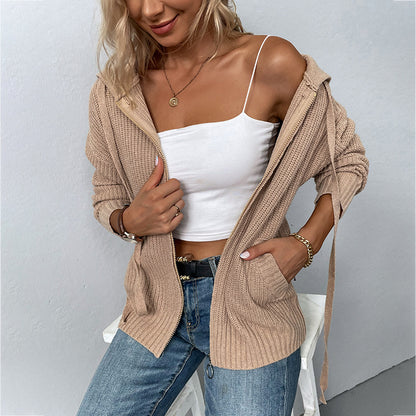 Hooded Zipper Cardigan Sweater with Pockets