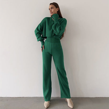 Cozy High-Neck Casual Pants Suit