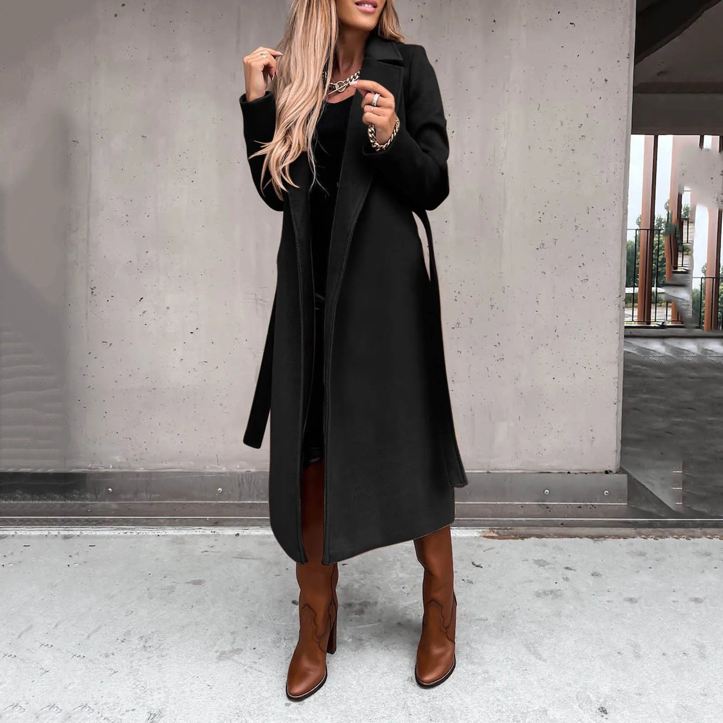 Faux Wool Long Trench Coat with Belt