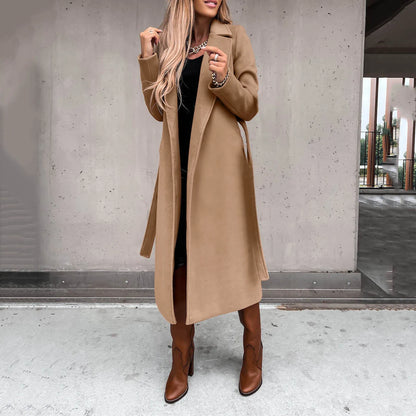 Faux Wool Long Trench Coat with Belt