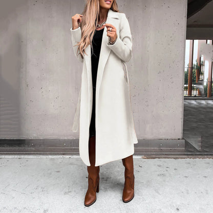 Faux Wool Long Trench Coat with Belt