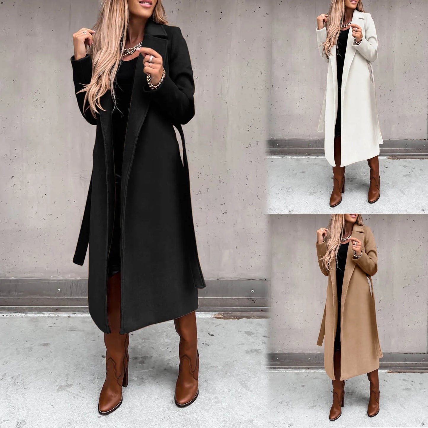 Faux Wool Long Trench Coat with Belt