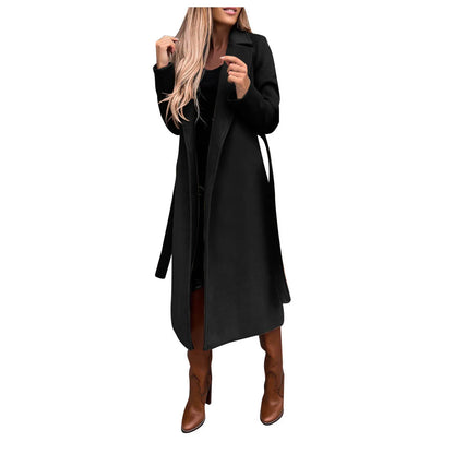 Faux Wool Long Trench Coat with Belt